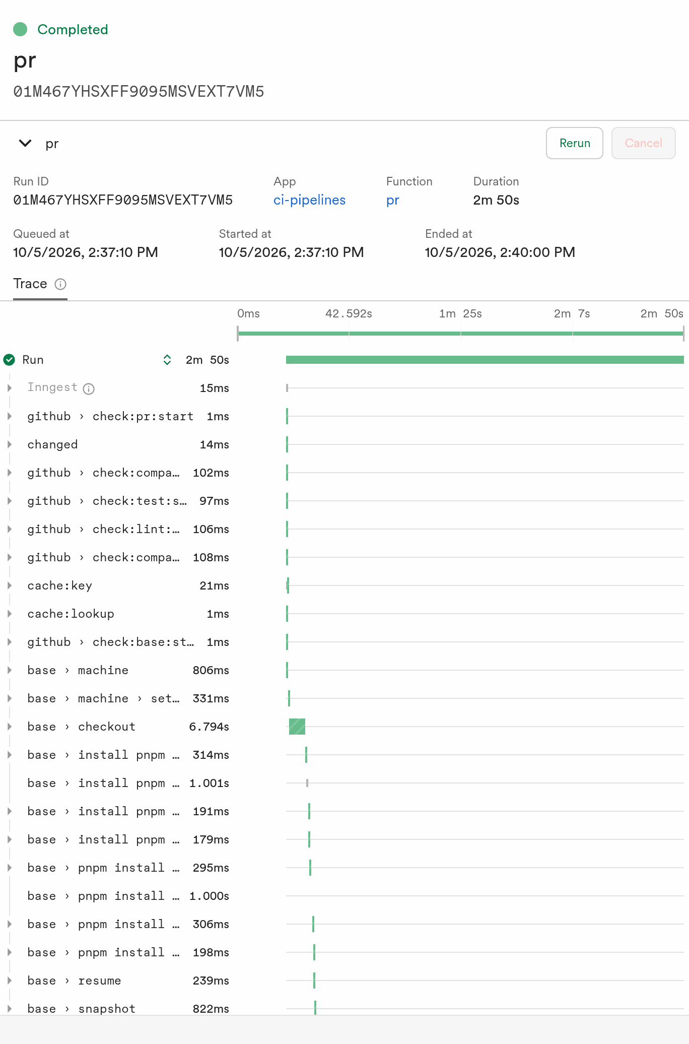 The trace of the example pr pipeline in the Inngest Dev Server: pipeline and job checks, cache lookups, then the base job creating its machine, checking out the repository and installing dependencies