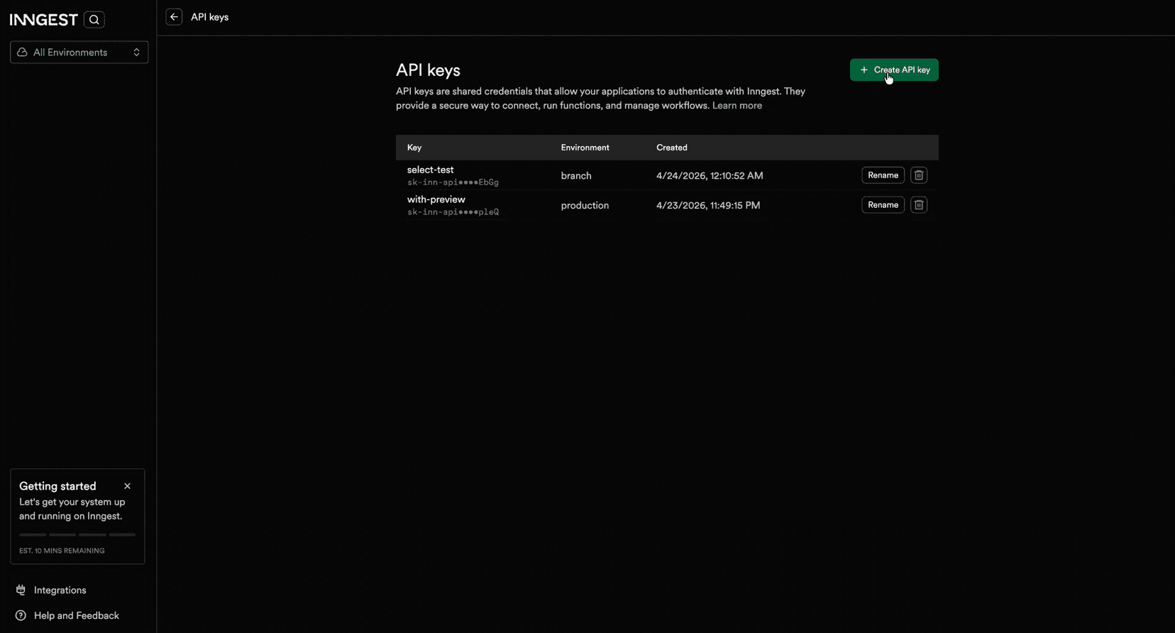 The Inngest Cloud dashboard API Key management page