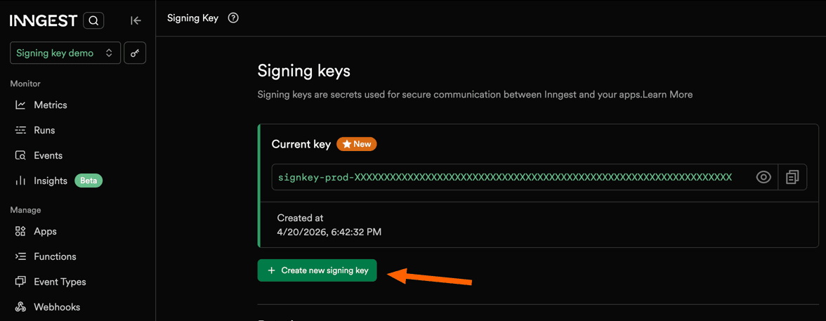 The signing key management page and the "Create new signing key" button