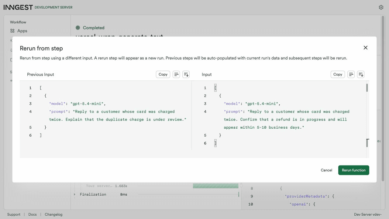 Editing an AI prompt before rerunning the function from the selected step