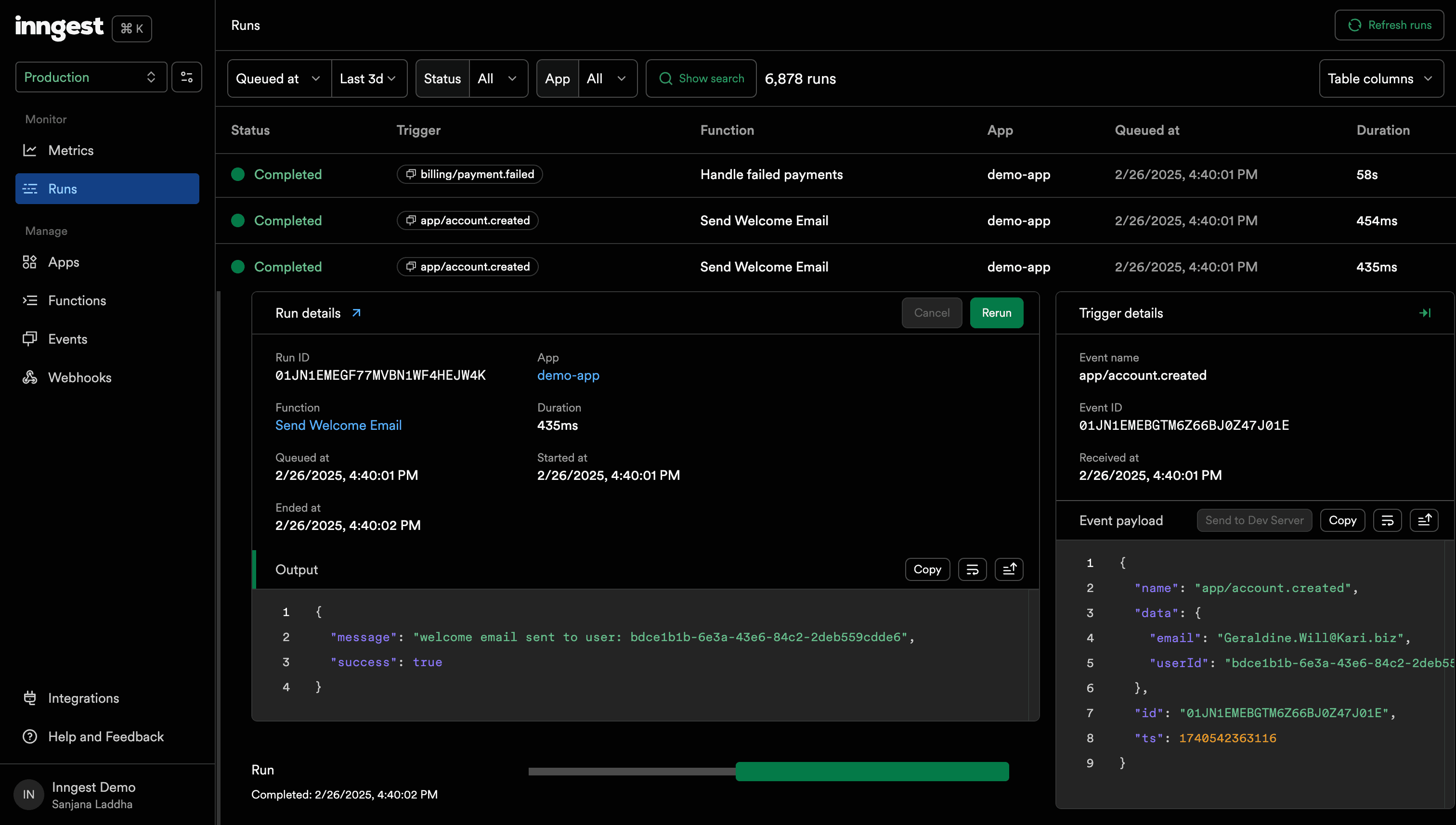 Screenshot of Inngest function runs and traces