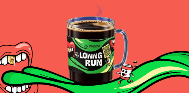 The Lonng Run campaign mug on a red background, with a cartoon mouth, a green wave, and a running can
