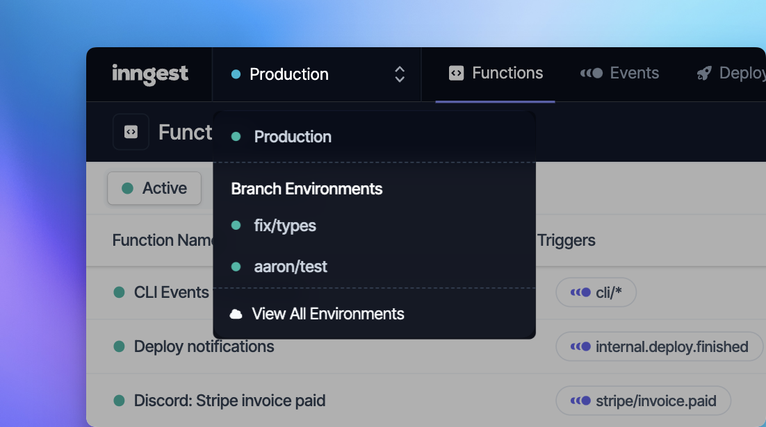 The environment selector in the Inngest Dashboard