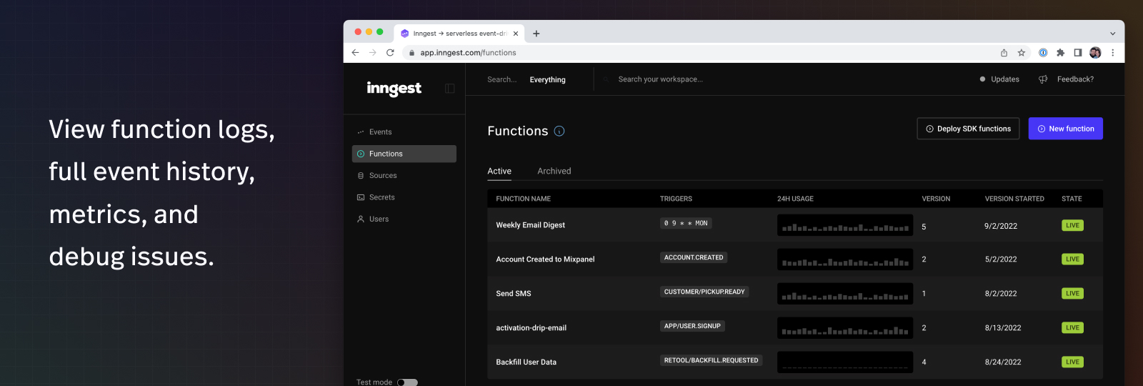 Screenshot of Inngest dashboard viewing active functions
