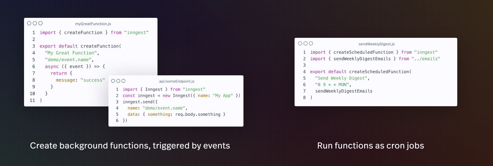 Code snippets of a background function, triggered by an event and a cron job