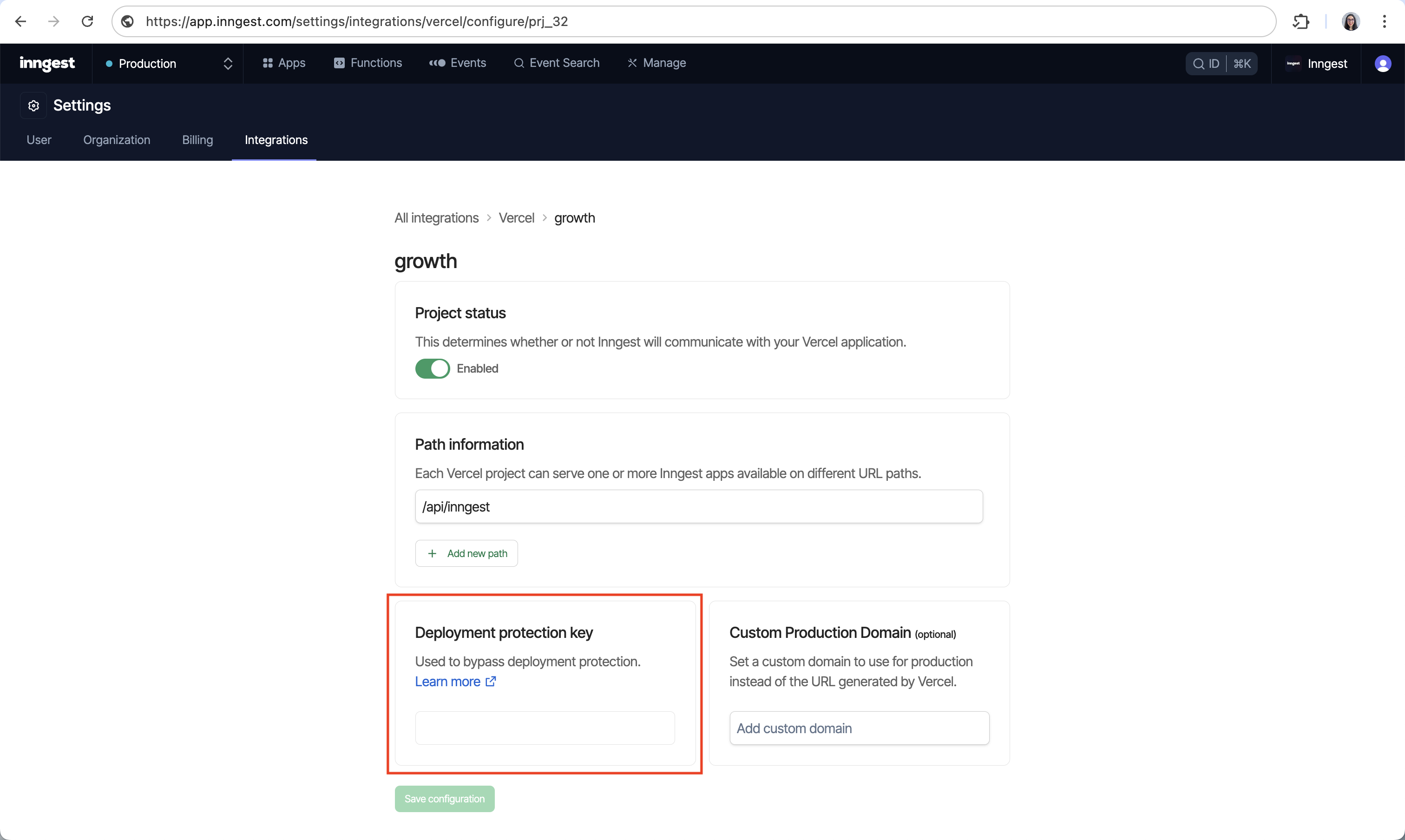 A Vercel protection bypass secret added in the Inngest dashboard