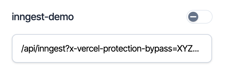 A Vercel protection bypass secret appended as a query string in the Inngest dashboard