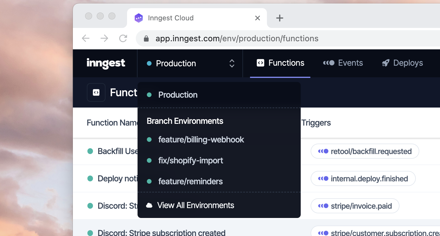 The environment switcher dropdown menu in the Inngest dashboard