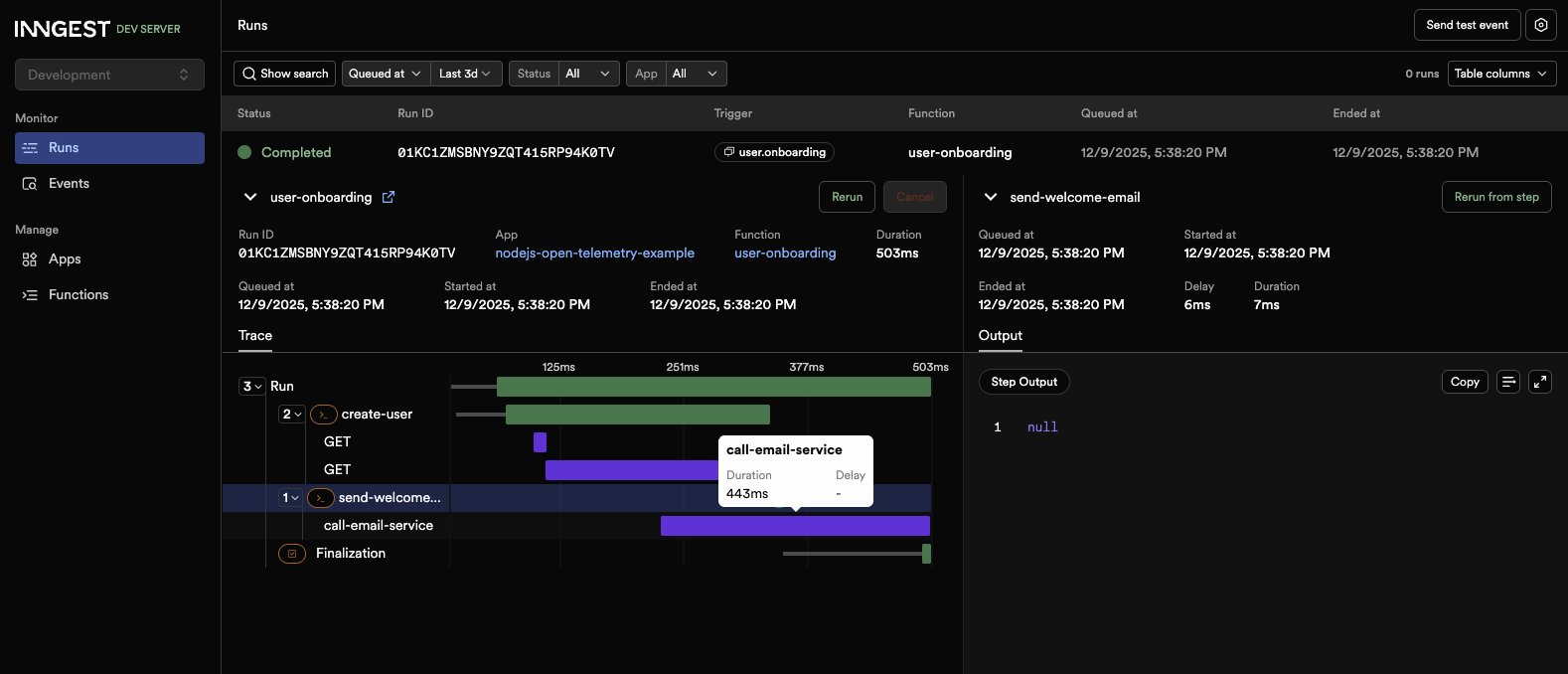 The user-onboarding run displays Inngest Traces featuring the call-email-service custom span