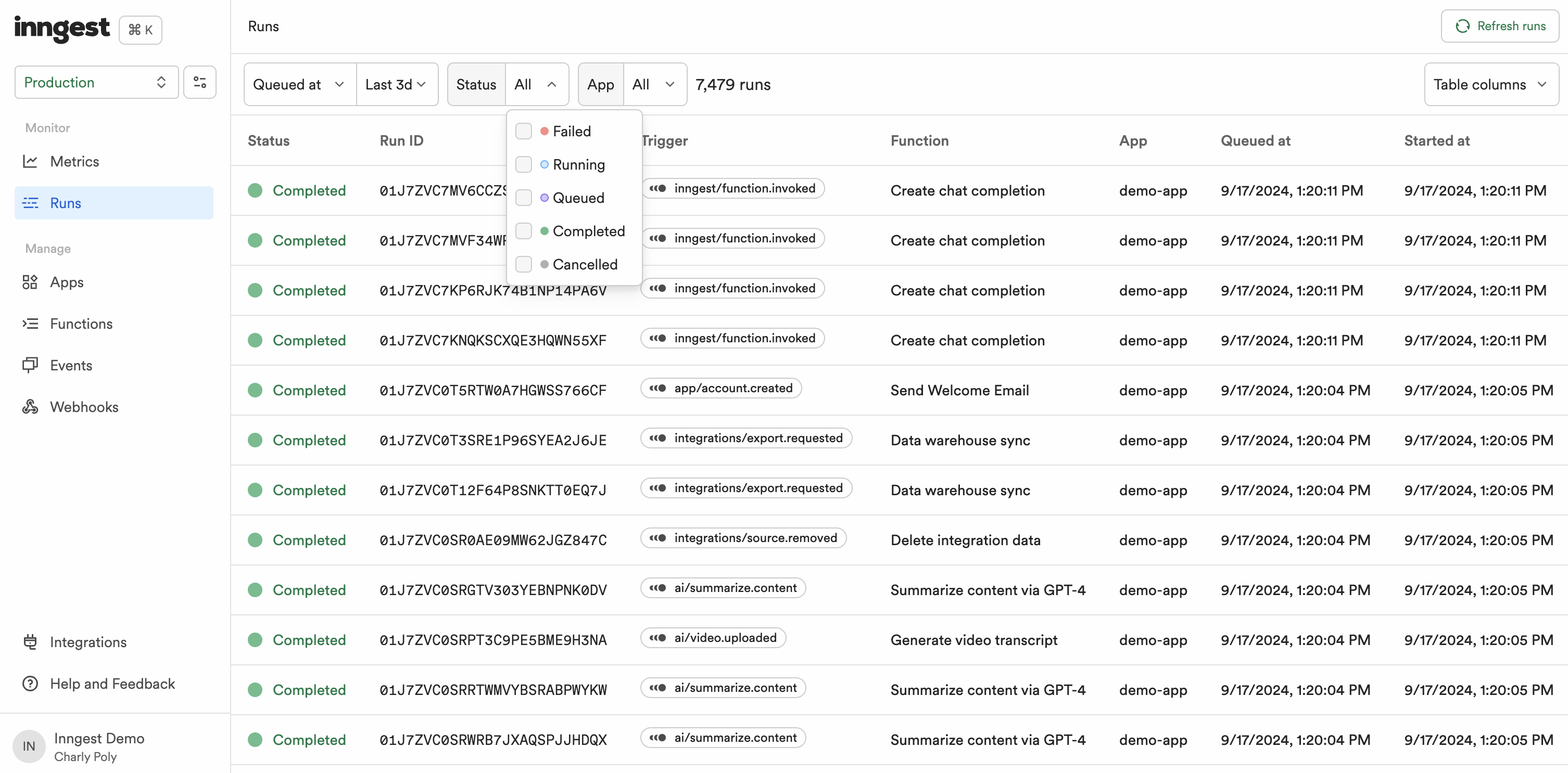 Function runs list showing recent executions in the Inngest Dashboard