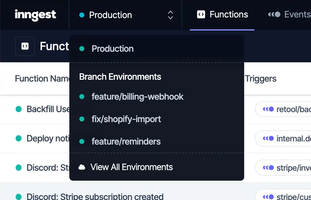 Branch environments in the Inngest dashboard