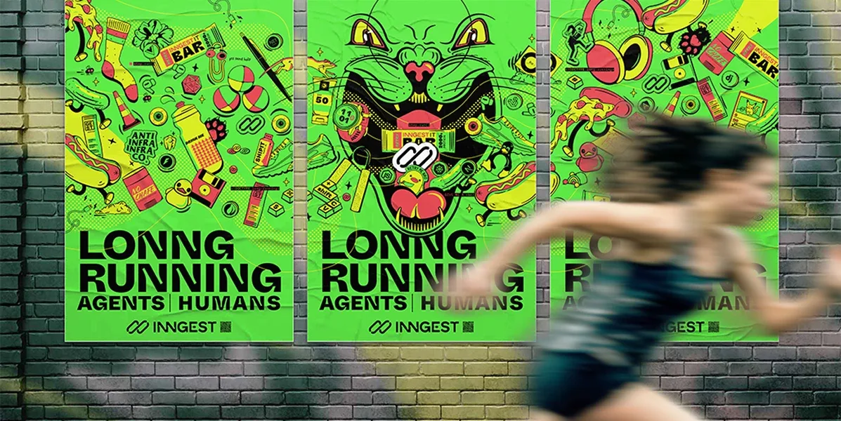 Three Build for the Lonng Run posters side by side on a brick wall, a runner blurring past them.